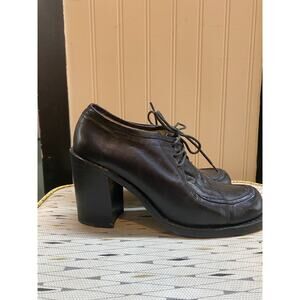 vintage 1990s black leather chunky shoes size 8 loafers lace up oxfords y2k 90s